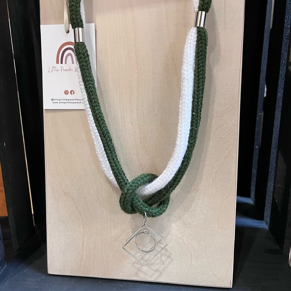 Green and White Knit Necklace with Pendant